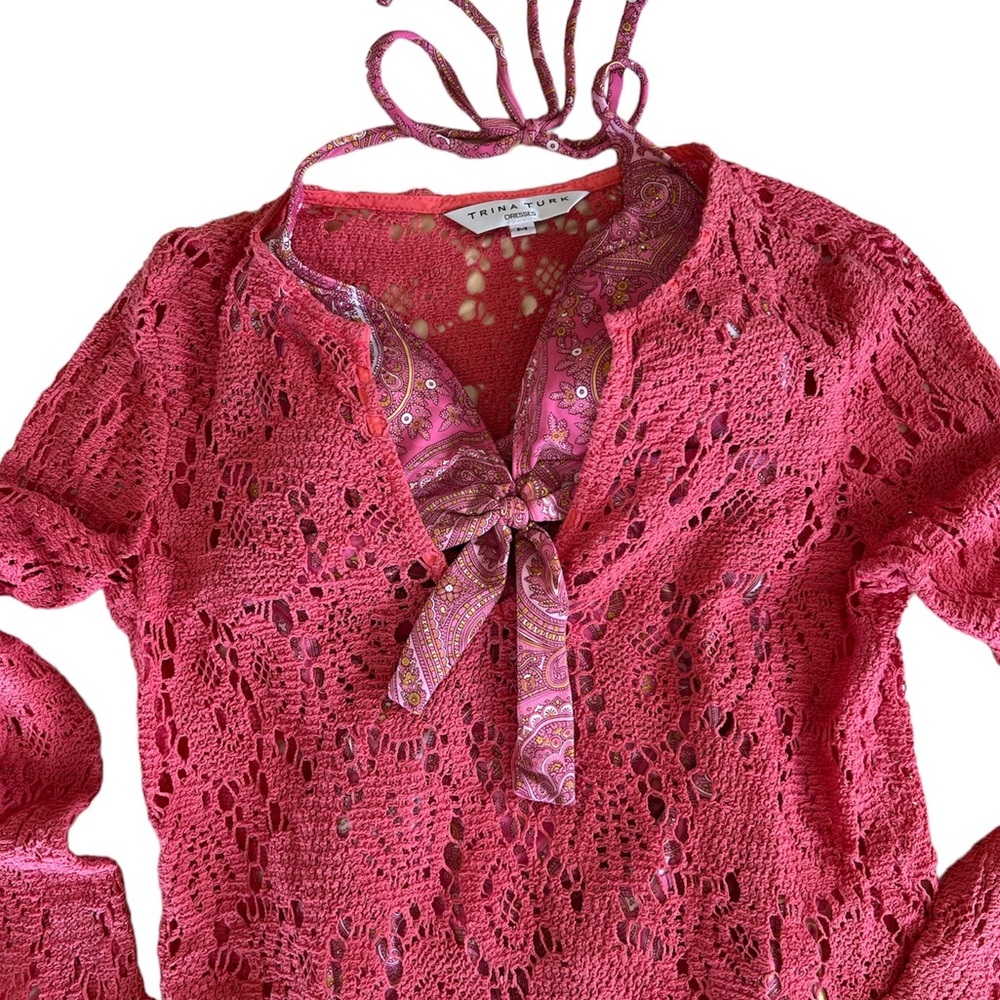 Trina Turk Papaya Open Knit Crochet Swim Coverup Tunic - Medium